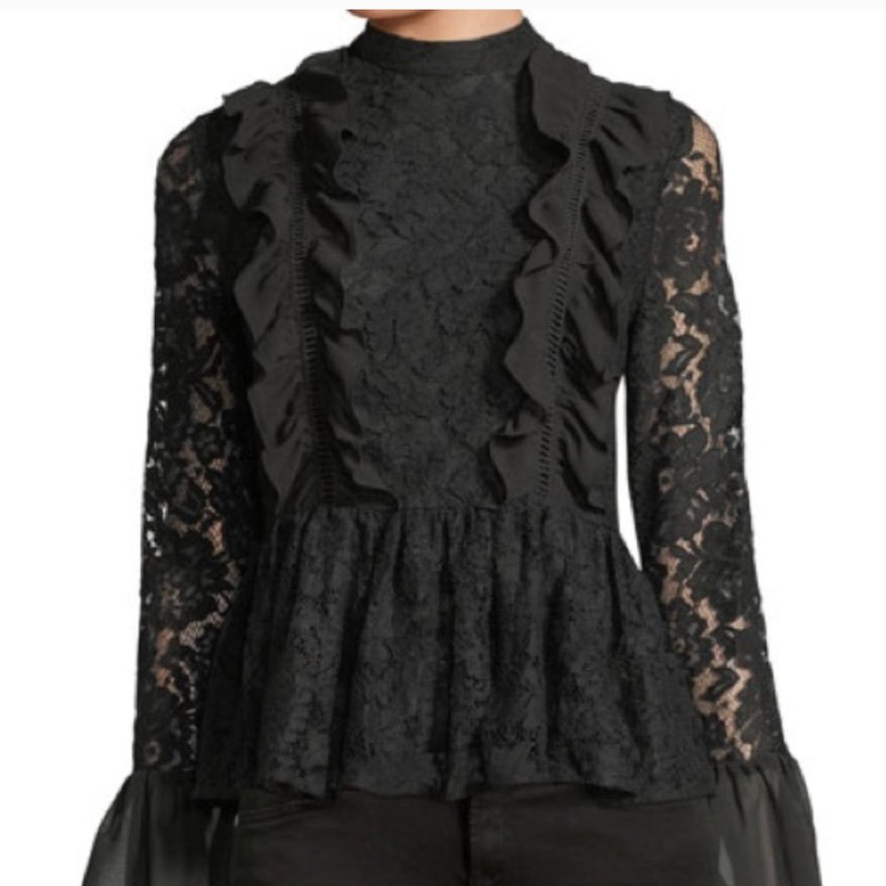 Marled by Reunited Black Ruffled Peplum Lace Top - Size S